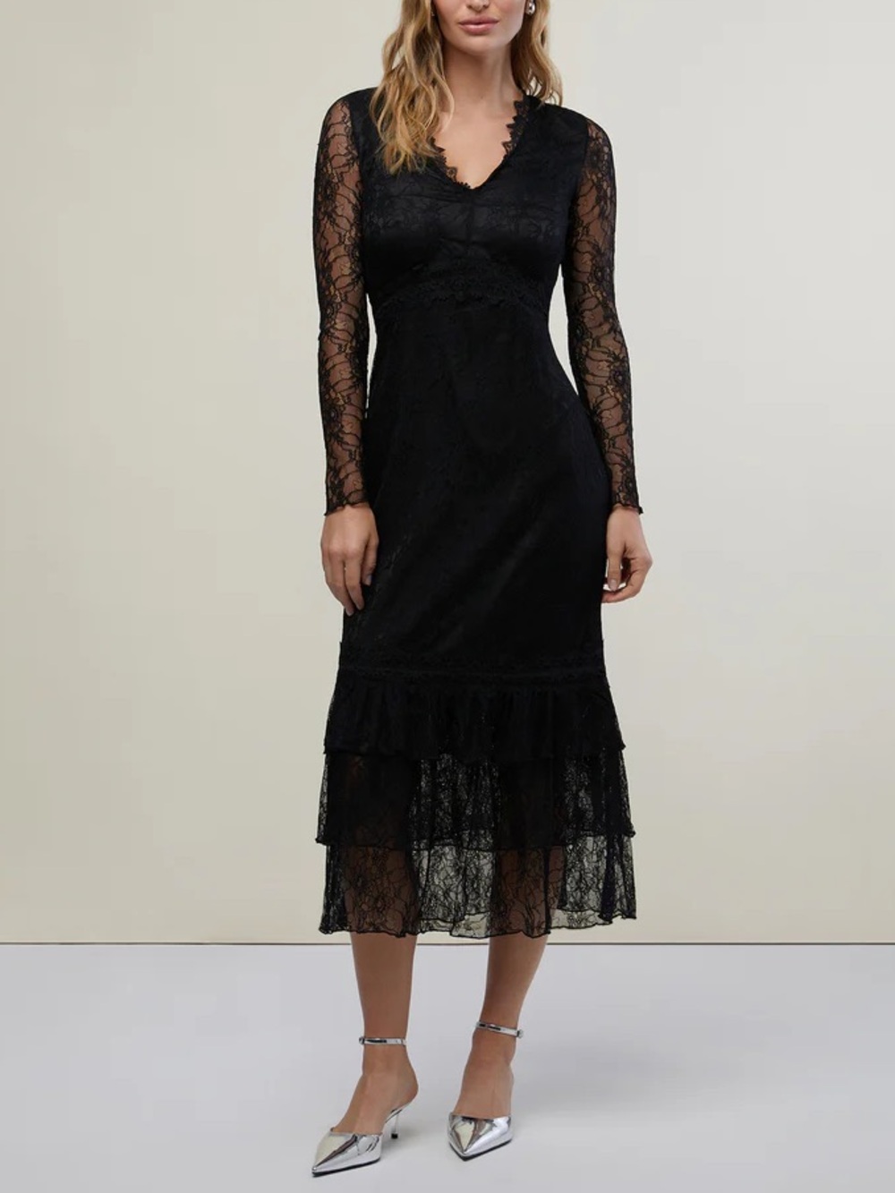 Rachel Parcell Black Lace V-Neck Long Sleeve Midi Dress
